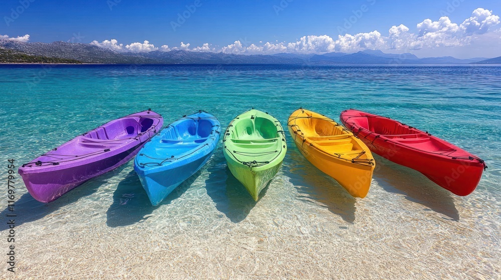 Colorful kayaks lined up on a tranquil beach. Colorful kayaks lined up on a tranquil beach.