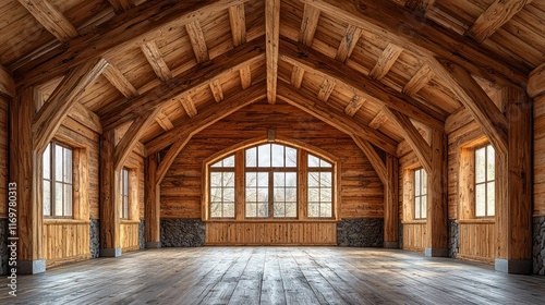 Spacious wooden interior with large windows.