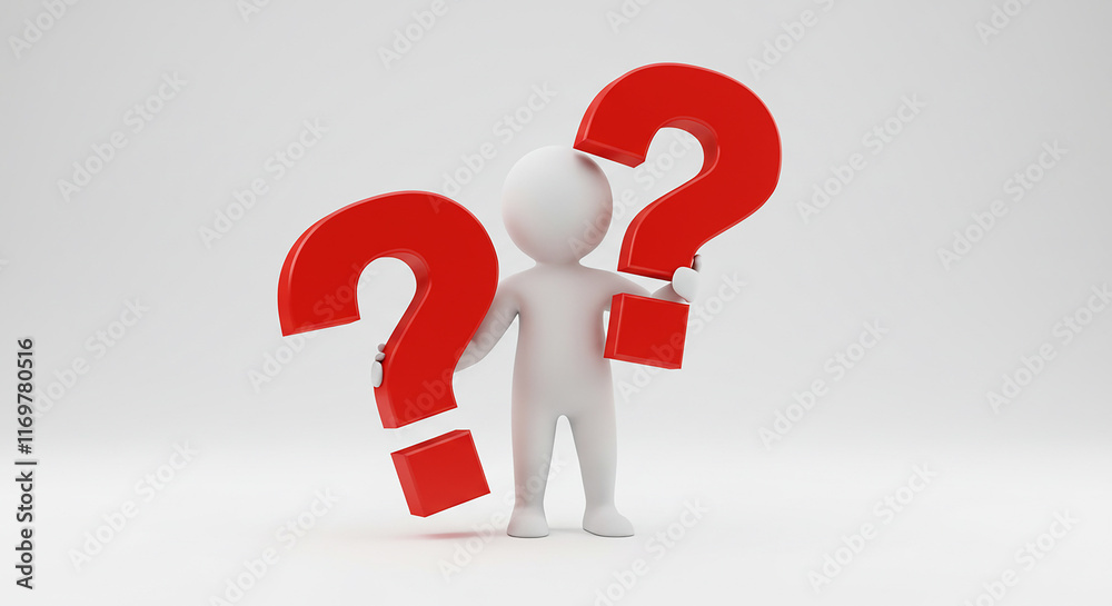 3D Render White Figure Holding Two Red Question Marks 3D Render White Figure Holding Two Red Question Marks