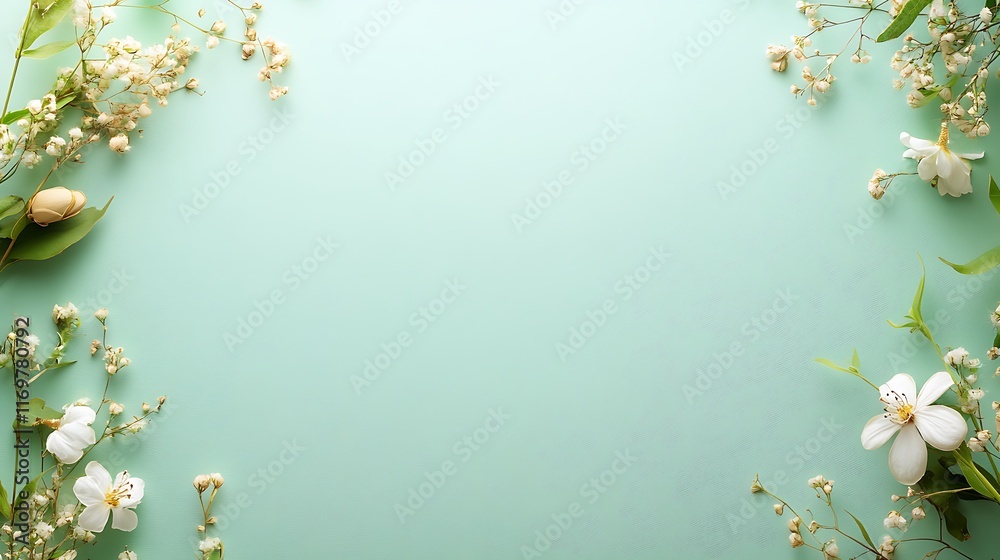 Fototapeta premium Delicate White Flowers Frame Pastel Green Background