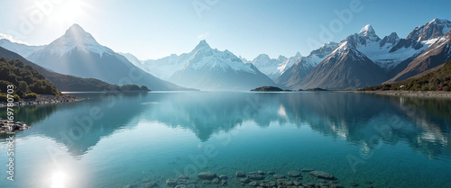 Crystal Clear Lagoon with majestic mountains reflecting in tranquil water creating a serene and peaceful atmosphere photo