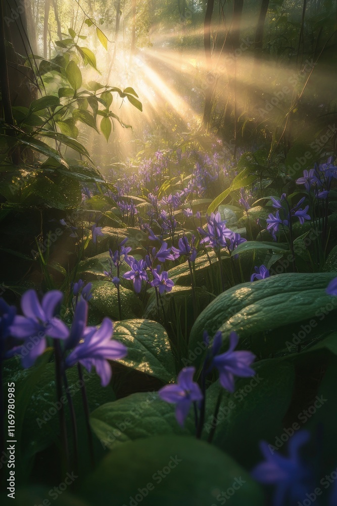 Fototapeta premium Bluebell forest in spring with sunbeams piercing through the trees, creating an enchanting scene of vibrant purple flowers and lush green foliage. High-resolution photography, insanely detailed,
