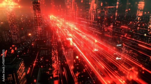 An image showcasing red data rotation movement in a cityscape, illustrating futuristic technology and internet connectivity. photo