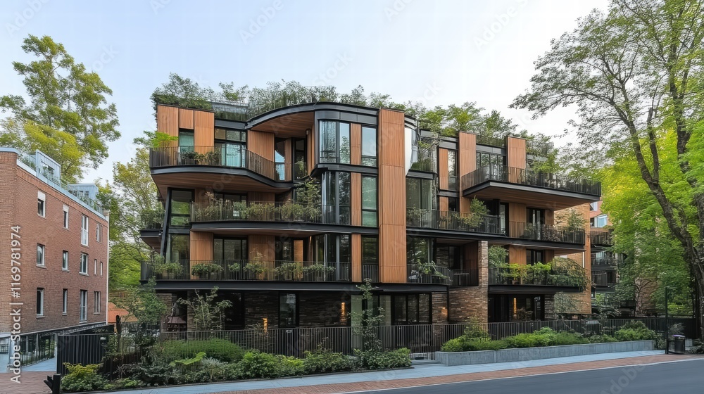 Modern green residential building with plants growing on balconies and roof Modern green residential building with plants growing on balconies and roof