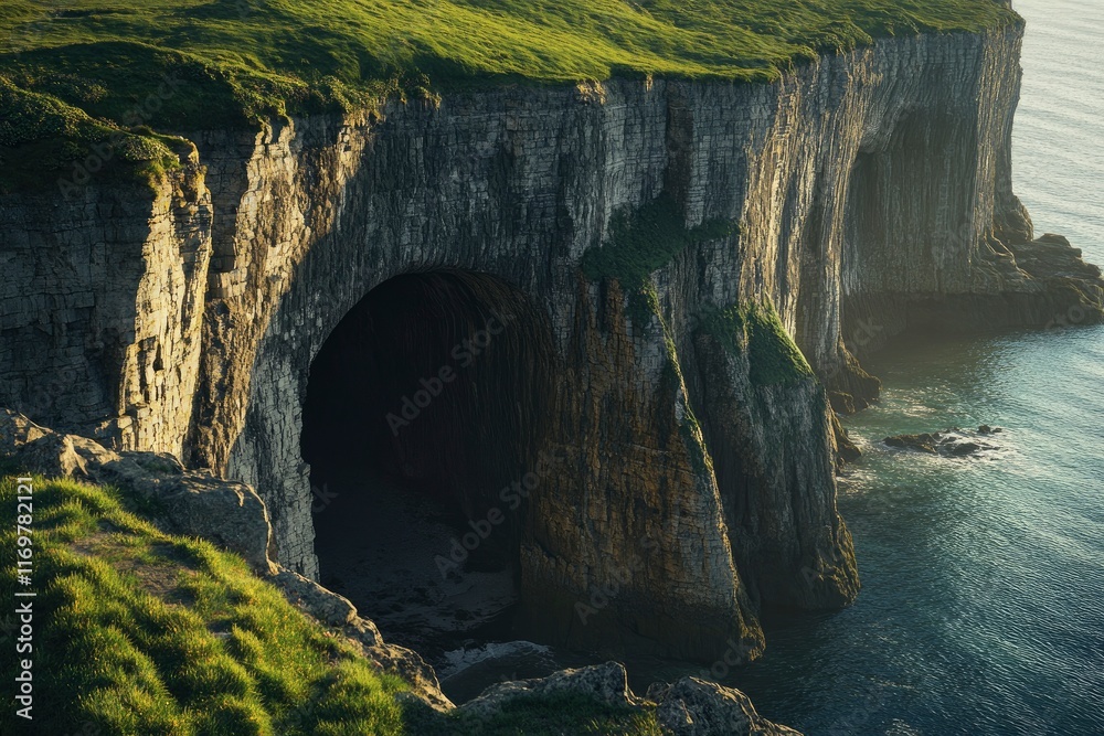 Dorset, UK's iconic Dord Prevost arches at the Dor set in the lush green grassy hills overlooking blue ocean and dramatic cliffs. The sun is setting casting long shadows over the landscape. Dorset, UK's iconic Dord Prevost arches at the Dor set in the lush green grassy hills overlooking blue ocean and dramatic cliffs. The sun is setting casting long shadows over the landscape.