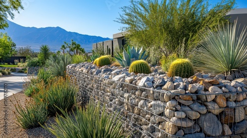 Beautiful gabion wall featuring natural stones and desert plants, set in a sunny outdoor garden with a clear blue sky. photo