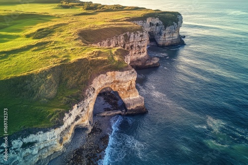 Dorset, United Kingdom. The iconic Dunnington arch at the coastline of cozy beach in landscape with blue sky and green grass on cliff top. Aerial view from above of beautiful nature scenery with rock photo