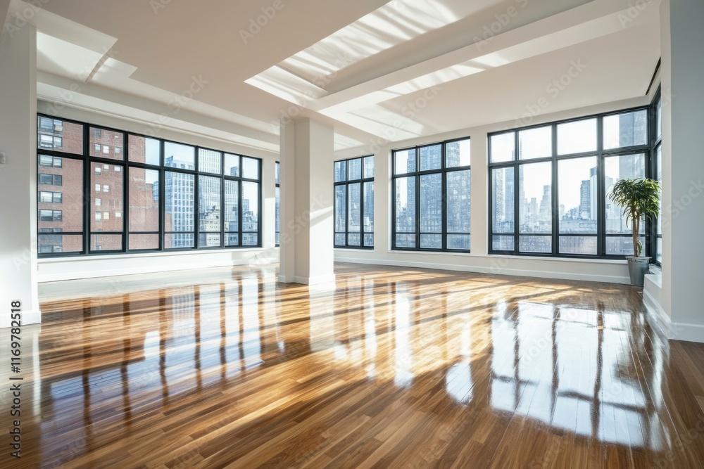 Fototapeta premium Modern urban townhouse with spacious sunlit interiors and panoramic city views for sale.