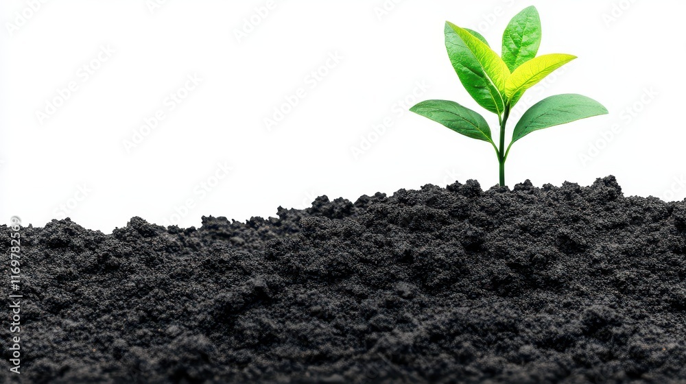 Naklejka premium Black soil with a green plant isolated on a transparent background, cut out in PNG format.