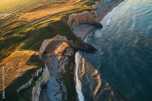 Dorset, United Kingdom. The iconic Dunnington arch at the coastline of cozy beach in landscape with blue sky and green grass on cliff top. Aerial view from above of beautiful nature scenery with rock photo