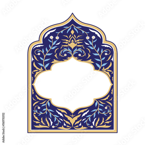 Luxury Islamic window or door arch shape. Muslim Arab festival banner template. Arabic islamic blank space title frame border set with Gold and blue floral pattern decoration ornamental illustration. 
