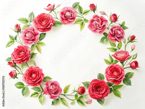 A vibrant red rose, captured in a long exposure watercolor style, forms a circular frame against a white backdrop.