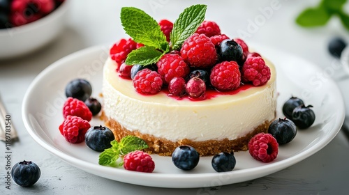 Cheesecake topped with fresh berries and mint leaves on a white plate, presenting a perfect dessert with a balance of sweetness and freshness. photo