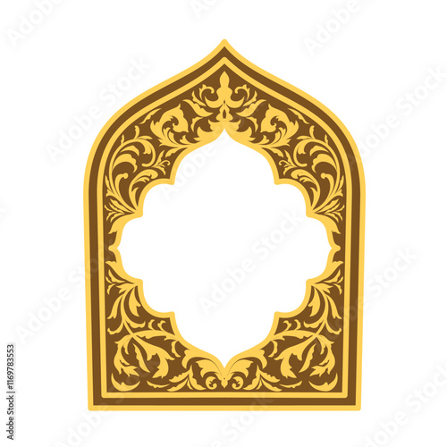 Oriental Islamic frame border Arabic window shape mosque ornament motif. Arab label with copy space and pattern of gold flowers background. Traditional muslim ornament border decor vector illustration