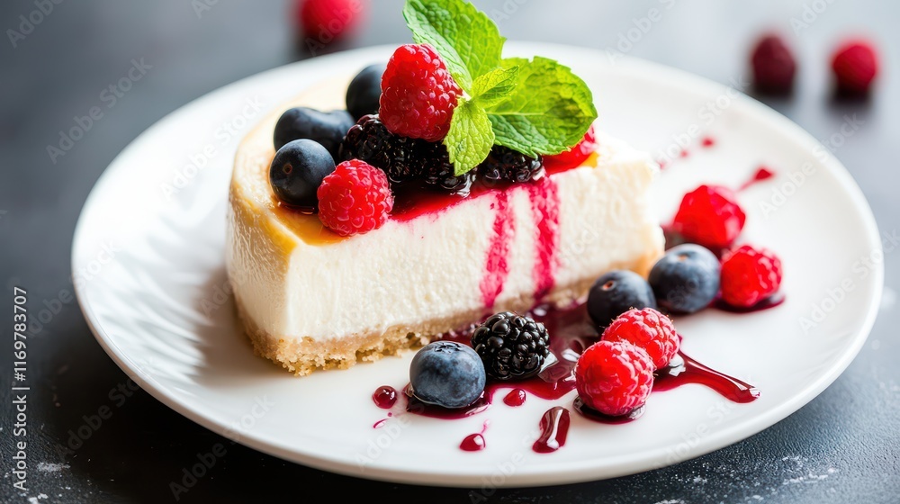 Cheesecake topped with fresh berries and mint leaves on a white plate, presenting a perfect dessert with a balance of sweetness and freshness. Cheesecake topped with fresh berries and mint leaves on a white plate, presenting a perfect dessert with a balance of sweetness and freshness.