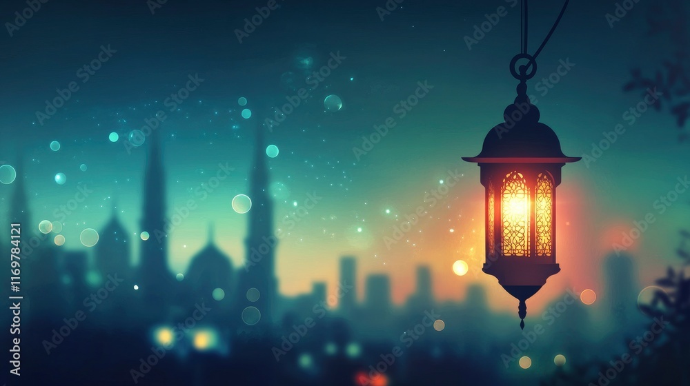 Eid Mubarak and Ramadan Kareem greetings with an Islamic lantern, a mosque skyline with a bokeh background for Eid al-Fitr and Eid al-Adha, vector illustration.wallpaper background. Image design 