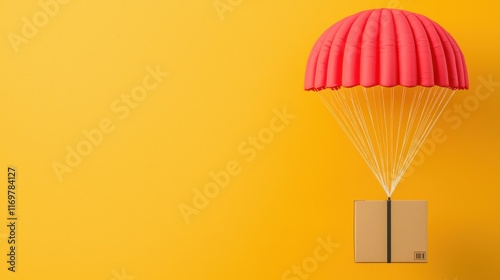 Package with Red Parachute Floating Against Bright Yellow Background photo