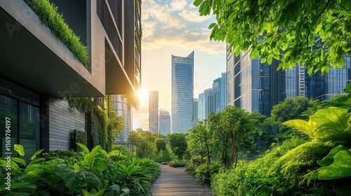 Cityscape of a metropolis city center showcasing a green community with fresh air, highlighting urban sustainability and eco-friendly living.