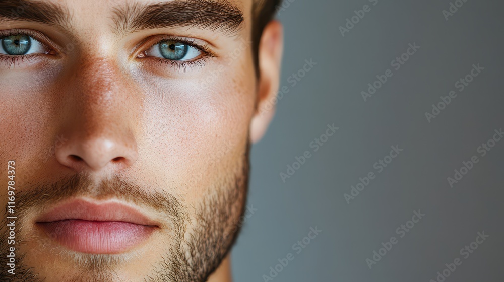 Fototapeta premium Close-up of a handsome young man's face, highlighting a smooth complexion and well-groomed features.