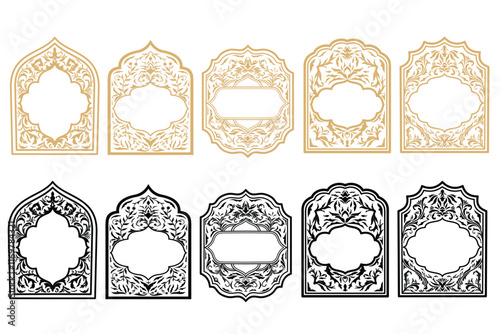 Set of Oriental Decorative vintage baroque arabesque frames and borders. Luxury Arabic islamic arch shape design with copy space for tittle text. Ornate Calligraphy Template design collection