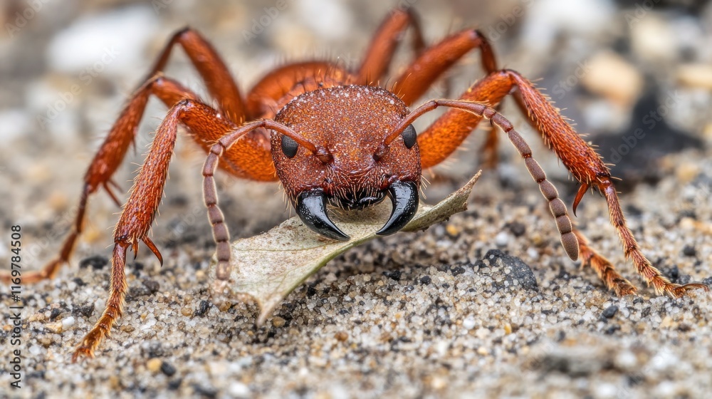 Close-up of a large red ant carrying a leaf fragment on the ground. Close-up of a large red ant carrying a leaf fragment on the ground.