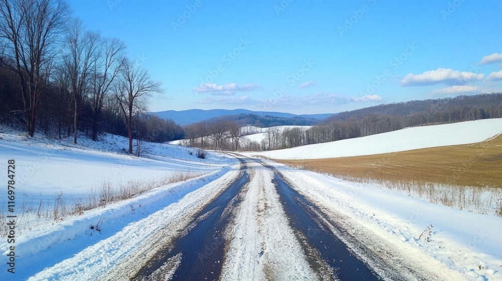 Snow-covered road winding through a winter landscape with distant mountains and clear blue sky. Snow-covered road winding through a winter landscape with distant mountains and clear blue sky.
