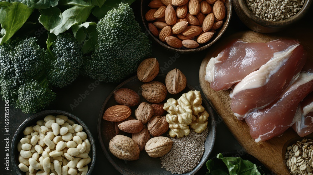 Close-up shots of keto-friendly ingredients including nuts, seeds, lean meats, and green leafy vegetables, arranged in a visually appealing manner. Close-up shots of keto-friendly ingredients including nuts, seeds, lean meats, and green leafy vegetables, arranged in a visually appealing manner.
