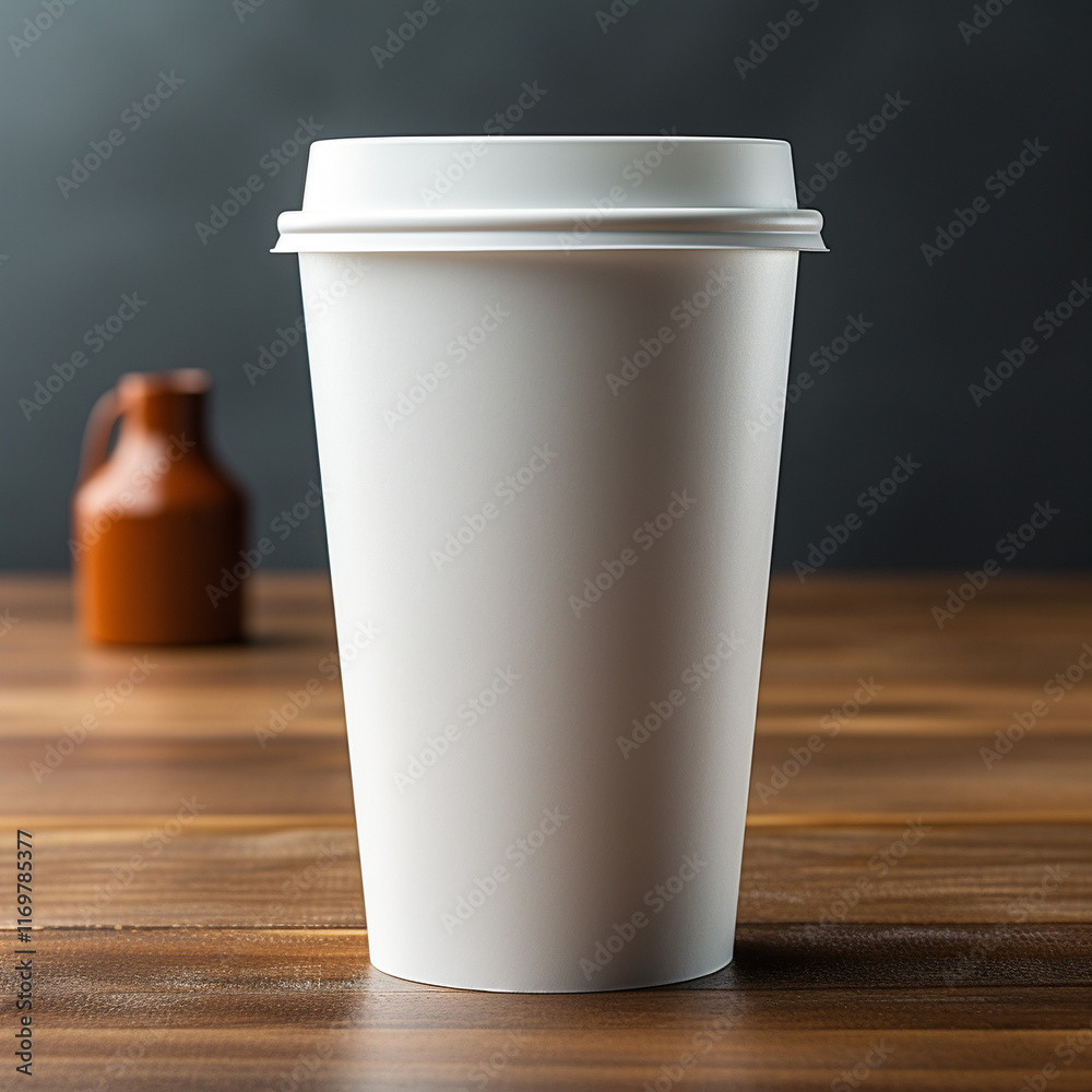 White paper coffee cup on wooden table with blurred background White paper coffee cup on wooden table with blurred background