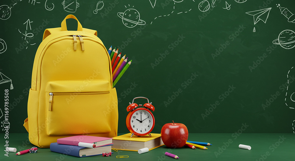 Back to School Yellow Backpack Books Apple Alarm Clock Back to School Yellow Backpack Books Apple Alarm Clock