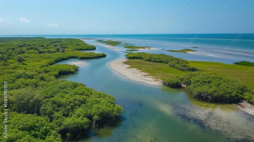 High angle view of mangrove forest and river in R forcefully control the water flow from one body to another, using top-down drone photography style. The scene is captured with an aerial perspective High angle view of mangrove forest and river in R forcefully control the water flow from one body to another, using top-down drone photography style. The scene is captured with an aerial perspective