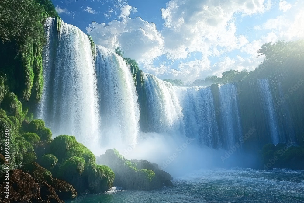 Naklejka premium IguazÃº Falls in Argentina, view from the side with green vegetation and blue sky with clouds, waterfalls falling into the beautiful waters of the river. 