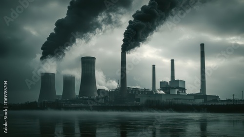 Coal power plant with high pipes emitting black smoke, highlighting the environmental pollution and atmospheric impact of industrial activities. photo