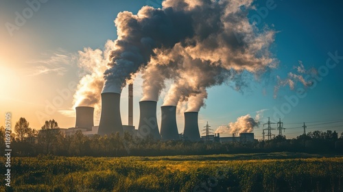 Coal power plant with high pipes emitting black smoke, highlighting the environmental pollution and atmospheric impact of industrial activities. photo