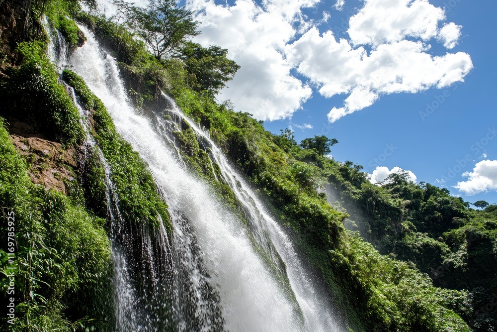 Iguazú Falls in Argentina, view from the side with green vegetation and blue sky with clouds, waterfalls falling into the beautiful waters of the river. Iguazú Falls in Argentina, view from the side with green vegetation and blue sky with clouds, waterfalls falling into the beautiful waters of the river.