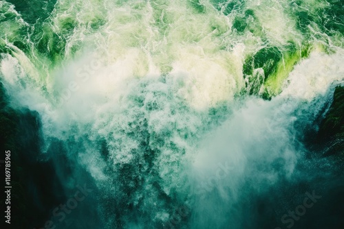 IguazÃº Falls on the Iguazu River, Matte film stock, National Geographic photograph, natural scenery, beautiful waterfalls and lush greenery, water splashing into the river below, white clouds overhea photo