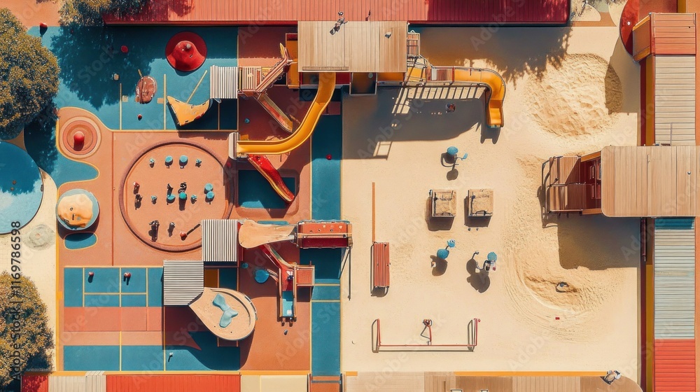 custom made wallpaper toronto digitalAerial view of a colorful playground with children playing on slides, swings, and climbing structures.