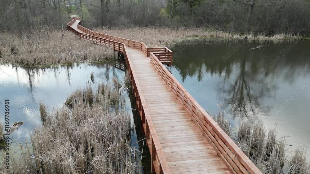 flying over a beautiful wooden footbridge crossing a wetland - vol au dessus d'une belle passerelle en bois traversant une zone humide