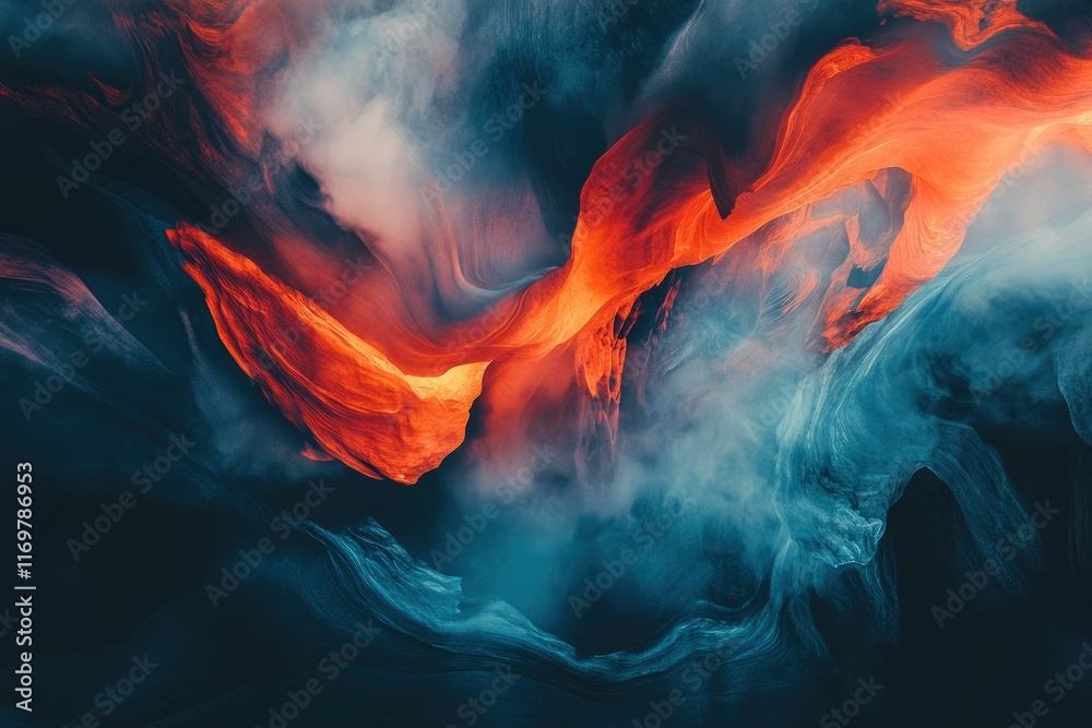 Fototapeta premium In the mesmerizing Antelope Canyon, an otherworldly landscape unfolds as vibrant red rock formations swirl and twist in perfect harmony with nature's palette. with light orange and dark blue hues