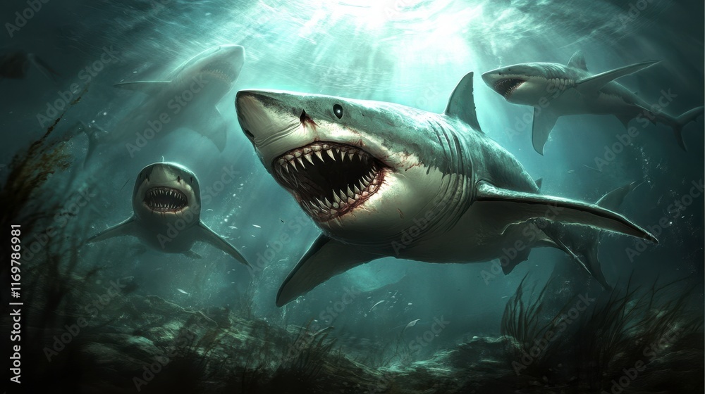 Fototapeta premium Dramatic Deep Sea Predators in Dark Ambient Light