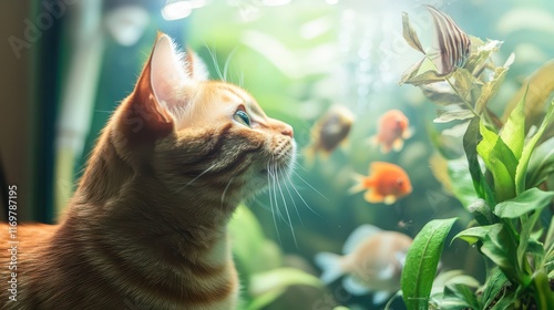 Curious orange tabby cat intently watching colorful tropical fish in a glass aquarium surrounded by green plants. photo