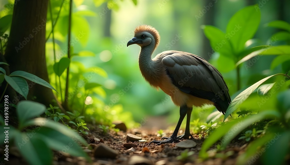 Fototapeta premium Serene Jungle Bird: A Sunlit Portrait in Lush Greens