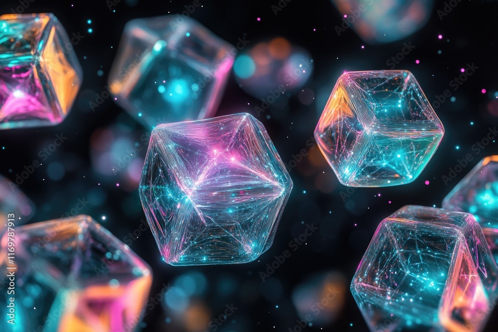 Glowing, interconnected cubes float in a dark space, creating a vibrant, abstract digital art piece.