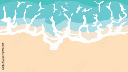 Sandy beach with blue sea ocean water and coast line clear summer sunny sky. Ocean waves reaching the coastline. Beach, sand, sea shore with foam waves. Top view overhead seaside. Vector illustration