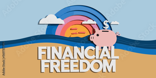 "Financial Freedom" Vector Illustration with Piggy Bank, Sunset, Waves, and Layered Paper-Cut Style Design