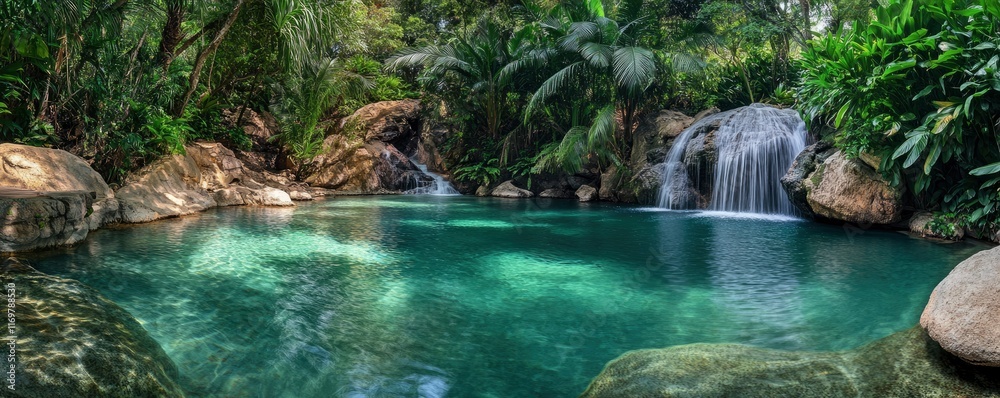 Naklejka premium Panoramic view of the Blue Lagoon in Phuket, Thailand, with tropical greenery and rock formations in the background. High-resolution photography