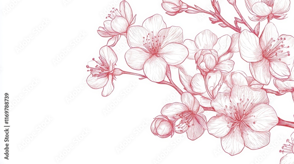 Elegant line drawing of a spring cherry blossom branch, perfect for invitations and cards. Elegant line drawing of a spring cherry blossom branch, perfect for invitations and cards.