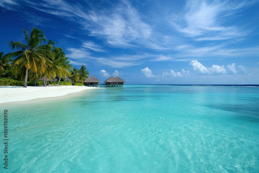 Fototapeta premium Photo of a Maldives tropical beach with palm trees and turquoise water, a summer vacation background. Aerial Coastal Landscape stock. high resolution, highly detailed, high definition, high quality.