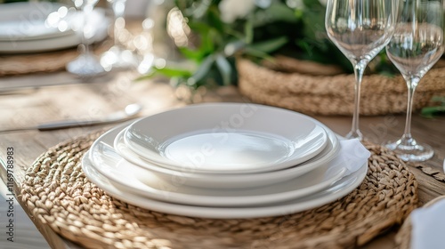 Elegant tableware is beautifully arranged on a white plate atop a rustic table, complemented by a woven placemat. photo