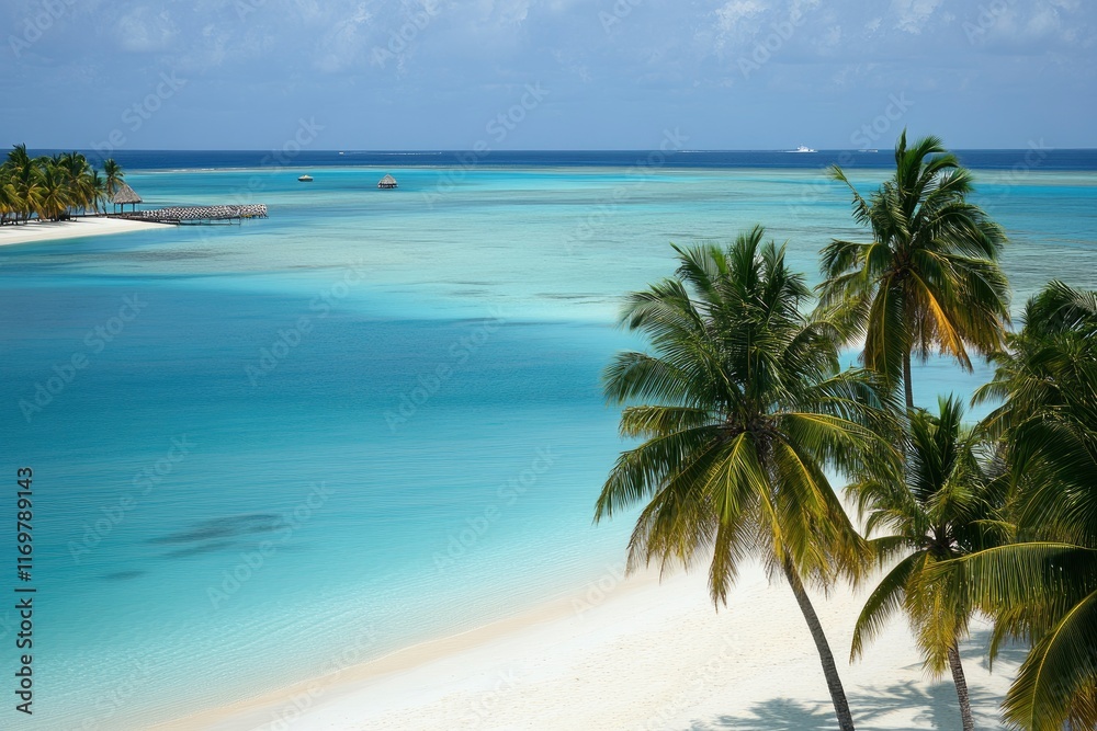 Obraz premium Photo of a Maldives tropical beach with palm trees and turquoise water, a summer vacation background. Aerial Coastal Landscape stock. high resolution, highly detailed, high definition, high quality.