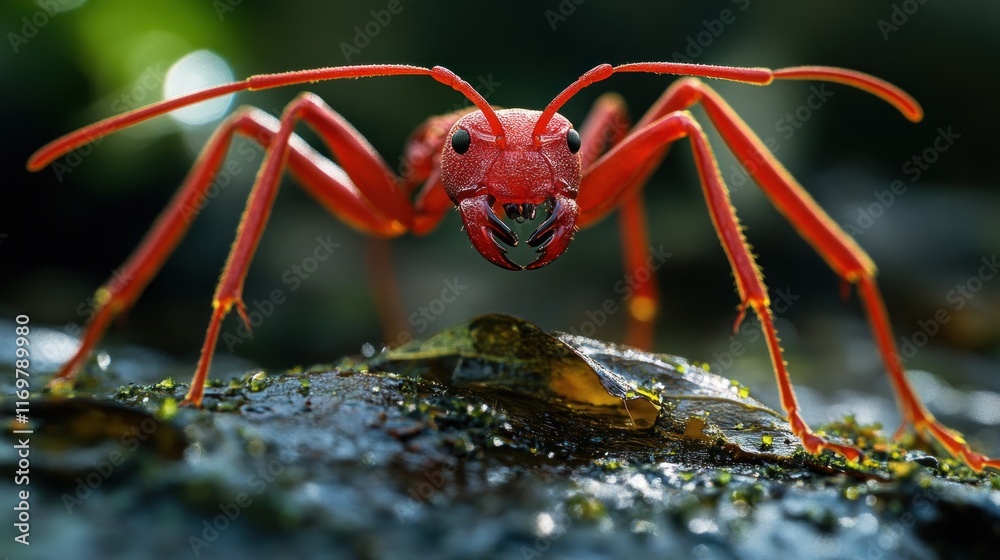 Close-up of a vibrant red ant on a dark, mossy surface.
